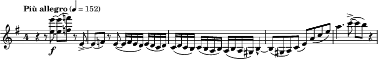 \relative c''' { \override Staff.TimeSignature.style = #'single-digit \tempo "Più allegro" 4=152 \key e \minor \time 4/4
r4 r8 <e~ e,~>8\f q( <f f,>) r e,,->~ e( f) r e~( e16 f e d) e( d c d)
c( d c b) c( b a b) a( b a gis) b4-^~ b8( gis a) c( e) a( c e) a4. c8->~( c b) r4
}