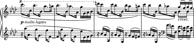 
 \relative c' {
  \new PianoStaff <<
   \new Staff \with { \remove "Time_signature_engraver" } { \key aes \major \time 3/4
    <<
     {
      \ottava #1 \set Staff.ottavation = #"8"
       \voiceTwo c'''8._\markup { \dynamic p \italic { molto legato } }([ c,16] bes'8.[ bes,16] aes'8.[ a16] bes8.[ bes,16] aes'!8.[ aes,16] g'16[ g, aes bes])
      \ottava #0
       d16([ c8 c,16] c'[ bes8 bes,16] bes'[ aes8 a16]) c([ bes8 bes,16] bes'[ aes!8 aes,16]) \voiceOne g'( f) g( f) 
     }
     \\
      { s2. s2. s2. s2 bes,8\cresc bes\! }
     >>
    }
   \new Staff \with { \remove "Time_signature_engraver" } { \key aes \major \time 3/4
     {
      r16 aes'16([ aes,8.] g'16[ g,8.] f'16[ f,8~] f16 g'16[ g,8.] f'16[ f,8] \voiceTwo es'16[ es, f g])
      b\rest \voiceOne bes( aes aes,) b'\rest aes( g g,) b'\rest g( f fis)
      b\rest aes!( g g,) b'\rest \clef bass \voiceTwo g( f! f,) <es' g,>( <d aes>) <es g,>( <d aes>)  
     }
   }
  >>
 }
