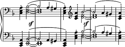 
 \relative c' {
  \new PianoStaff <<
   \new Staff \with { \remove "Time_signature_engraver" } { \key d \minor \time 4/4 \clef bass \partial 2.
    \set tieWaitForNote = ##t
    <<
     {
      \stemDown <a e c>-. bes2~( \stemUp bes2 a4 gis
      \once \stemDown <a e c>-.) \clef treble <a' e c>-. bes2~ bes( a4 gis <a e c>-.)
     }
    \\
     { s4 <f,~ d~>2 <f d>1 s2 <f'~ d~>2 <f d>1 s4 }
    >>
   }
   \new Dynamics {
    s2 s2\sf s1 s2 s2\sf s1 s4
   }
   \new Staff \with { \remove "Time_signature_engraver" } { \key d \minor \time 4/4 \clef bass
    \set tieWaitForNote = ##t
    <<
     {
      <a,, e c>-. bes2~( bes a4 gis <a e c>-.)
      \once \stemDown <a' e c>-. bes2~ bes( a4 gis \once \stemDown <a e c>-.)
     }
    \\
     { s4 \once \stemUp <f,~ d~>2 <f d>1 s2 <f'~ d~>2 <f d>1 s4 }
    >>
   }
  >>
 }

