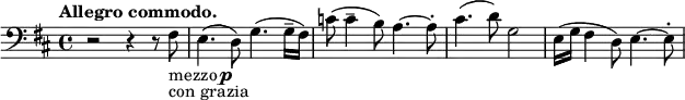 \relative f { \clef bass \key d \major \time 4/4 \tempo "Allegro commodo." r2 r4 r8 fis8-\markup { mezzo \dynamic p } -"con grazia" e4.( d8) g4.( g16-- fis) c'8( c4-- b8) a4.~ a8-. cis4.( d8) g,2 e16( g fis4 d8) e4.~ e8-. }