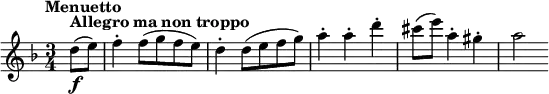 
\version "2.18.2"
\relative c'' {\set Staff.midiInstrument = #"violin"
  \key d \minor
  \time 3/4
  \tempo "Menuetto"
  \tempo 4 = 172
  \partial 4 d8^\markup\bold{Allegro ma non troppo} \f (e)
  f4-. f8 (g f e)
  d4-. d8 (e f g)
  a4-. a-. d-. 
  cis8 (e) a,4-. gis-.
  a2
}
