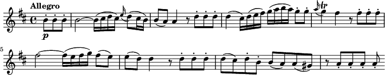 
\version "2.18.2"
\relative c'' {
  \key d \major
  \time 4/4
  \tempo "Allegro "
  \tempo 4 = 134
  \partial 8 * 3 b8-.\p b-. b-.
  b2 ~ b16 (cis d cis) \grace e16 (d8) (cis16 b)
  b8 (a) a4 r8 d-. d-. d-.
  d4 (cis16) d (e fis) g (a b a) g8-. g-.
  \grace a16 (g4)\trill fis r8 fis-. fis-. fis-.
  fis2 ~ fis16 (e fis g) fis8 (e)
  e (d) d4 r8 d-. d-. d-. 
  d (cis) d-. b-. b (a) a (gis)
  r a-. a-. a-. a-.
}
