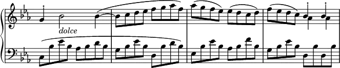 
 \relative c' {
  \new PianoStaff <<
   \new Staff \with { \remove "Time_signature_engraver" } { \key c \minor \time 2/2
    <<
     {
      g'4-. \stemDown bes2_\markup \italic dolce bes4~( bes8 c d es f g aes f)
      aes( g f es) es( d c d) f( es d c) \stemUp bes4-. bes-.
     }
    \\
     { s1 s1 s s2 aes4 aes }
    >>
   }
   \new Staff \with { \remove "Time_signature_engraver" } { \key c \minor \time 2/2 \clef bass
    c,,8( bes' es bes aes bes d bes g bes es bes d, bes' d bes)
    es, bes' es bes aes bes f' bes, g bes es bes d, bes' d, bes'
   }
  >>
 }

