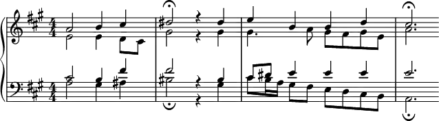  { \new PianoStaff << \new Staff \relative c'' { \key a \major \clef violin \numericTimeSignature \time 4/4 \set Score.tempoHideNote = ##t \tempo 4 = 80 <<\new Voice = "one" {\voiceOne a2 b4 cis dis2\fermata r4 dis e b b d cis2.\fermata} \new Voice = "two" {\voiceTwo e,2 e4 d8 cis gis'2 r4 gis gis4. a8 gis fis gis e a2.}>>} \new Staff \relative c' { \clef bass \key a \major \numericTimeSignature \time 4/4 <<{cis2 b4 fis' fis2 r4 bis, cis8 dis e4 e e e2.}\\{a,2 gis4 ais bis2\fermata r4 gis cis8 b16 a gis8 fis e d cis b a2.\fermata}>> } >> } 
