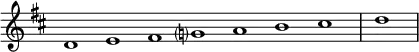 \relative c' {
\new Staff \with { \remove "Time_signature_engraver" }
{ \key d \major \time 1/1 \cadenzaOn d1 e fis g? a b cis \bar "|" d \bar"|"}
}