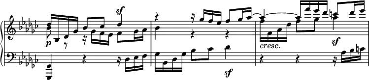 \relative c' {
\new PianoStaff <<
\new Staff \with { \remove "Time_signature_engraver" } { \key ges \major \time 3/4
<<
{ des'16\p bes, des ges bes8 ces des4^\sf r b'16\rest ges f es f8 ges16 aes~ aes4~ aes16 f' es des c8 des16 es }
\\
{ bes,8 r r16 ges16 f es f8 ges16 aes bes4 r r f'16_\cresc f,\! aes des f8 ges aes4\sf }
>>
}
\new Staff \with { \remove "Time_signature_engraver" } { \key ges \major \time 3/4 \clef bass
<ges,,, ges,>4 r r16 des' es f ges bes, des ges bes8 ces des4\sf r r r16 aes bes c
}
>>
}