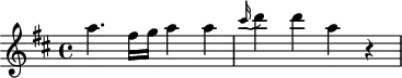 
\header {
  tagline = ##f
}

\score {
  \new Staff \with {

  }
<<
  \relative c''' {
    \key d \major
    \time 4/4
    \tempo 4 = 135
    \tempo "Vivace"
    \override TupletBracket #'bracket-visibility = ##f 
    \autoBeamOff

     %%%%%%%%%%%%%%%%%%%%%%%%%% Hob:XVIII,11
     a4. fis16[ g] a4 a \grace cis16( d4) d a r4

  }
>>
  \layout {
    \context { \Staff \RemoveEmptyStaves }
     \context { \Score \remove "Metronome_mark_engraver" }
    
  }
  \midi {}
}
