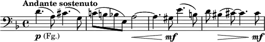 \relative c' \new Staff {
\key d \minor \time 4/4 \clef bass \tempo "Andante sostenuto"
d4._\markup { \dynamic p (Fg.) } ( a8) cis4.( g8) c!8( b bes e,) a2~\< a4. gis8\mf e'4.( b8)
d bis4\> ( cis8)~ cis4. cis8\mf
}