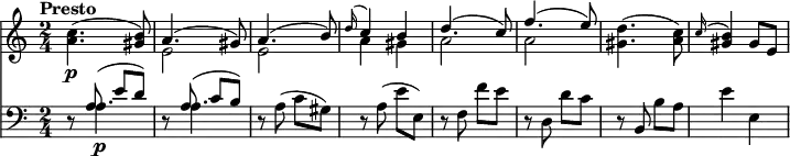 
<<
\new Staff  \relative c'' {
       \version "2.18.2"
         \clef "treble"
         \tempo "Presto"
         \key c \major
         \time 2/4
          \tempo 4 =198
      <a c>4. \p  (<gis b>8)
      << { \stemDown e2} \\ {\stemUp a4. ^(gis8)} >>
      << { \stemDown e2} \\ {\stemUp a4. ^( b8)} >>
      << { \stemDown a4 gis} \\ {\stemUp \grace d'16 ^(c4) b} >>
      << { \stemDown a2} \\ {\stemUp d4. ^(c8)} >>
      << { \stemDown a2} \\ {\stemUp f'4. ^( e8)} >>
      <gis, d'>4.   (<a c>8)
     \grace c16 ^(<gis b>4) gis8 e
}
\new Staff \relative c' {
         \clef "bass"
         \key c \major
         r8 << { \stemDown a4.\p} \\ {\stemUp a8 ^(e' d)} >>
         r8 << { \stemDown a4.} \\ {\stemUp a8 ^(c b)} >>
         r8 a (c gis)
         r a (e' e,)
         r f f'e
         r d, d' c
         r b, b' a
         e'4 e,
}
>>
