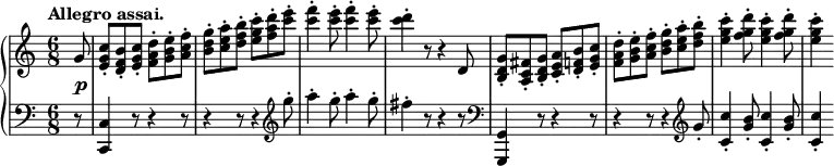 
 \relative c' {
  \new PianoStaff <<
   \new Staff { \key c \major \time 6/8 \tempo "Allegro assai." \partial 8
    g'8 <c g e>-. <b f d>-. <c g e>-. <d a f>-. <e b g>-. <f c a>-.
    <g d b>-. <a e c>-. <b f d>-. <c g e>-. <d a f>-. <e c>-.
    <f c>4-. <e c>8-. <f c>4-. <e c>8-. <d c>4-. r8 r4 d,,8
    <g d b>-. <fis c a>-. <g d b>-. <a e c>-. <b f d>-. <c g e>-.
    <d a f>-. <e b g>-. <f c a>-. <g d b>-. <a e c>-. <b f d>-.
    <c g e>4-. <d g, f>8-. <c g e>4-. <d g, f>8-. <c g e>4-.
   }
   \new Dynamics {
    s8\p
   }
   \new Staff { \key c \major \time 6/8 \clef bass
    r8 <c,,, c,>4 r8 r4 r8 r4 r8 r4 \clef treble g'''8-. a4-. g8-. a4-. g8-. fis4-. r8 r4 r8 \clef bass
    <g,,, g,>4 r8 r4 r8 r4 r8 r4 \clef treble g''8-. <c c,>4-. <b g>8-. <c c,>4-. <b g>8-. <c c,>4-.
   }
  >>
 }
