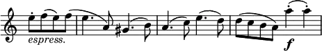 \relative c' \new Staff \with { \remove "Time_signature_engraver" } { \key a \minor \time 2/2 \partial 2
e'8-. _\markup { \italic espress. } f( e) f( e4. a,8) gis4.( b8) a4.( c8) e4.( d8) d( c b a) a'4-.\f ( a-.) }