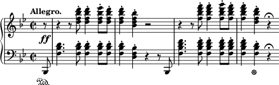 \relative c' {
\new PianoStaff <<
\new Staff { \key bes \major \time 2/2 \tempo "Allegro." \partial 8
r8\ff r4 r8 <d'' bes f d>-. <d bes f d>4-. <es bes f d>8-. <d bes f d>-. <d bes f d>4-. <bes f d bes>-. r2
r4 r8 <f' d bes f>8-. <f d bes f>4-. <g d bes f>8-. <f d bes f>-. <f d bes f>4-. <d bes f d>-. r\fermata
}
\new Staff { \key bes \major \time 2/2 \clef bass \partial 8
bes,,,,8\sustainOn <d'' bes f>4. <d bes f>8-. <d bes f>4-. <d bes f>8-. <d bes f>-. <d bes f>4-. <bes f d>-. r r8 bes,,
<f''' d bes f>4. <f d bes f>8-. <f d bes f>4-. <f d bes f>8-. <f d bes f>-. <f d bes f>4-. <d bes f>-.\sustainOff r\fermata
}
>>
}
