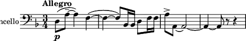 \new Staff \with { instrumentName = #"Violoncello" } \relative f { \set Staff.midiInstrument = #"cello" \clef bass \key d \minor \time 3/4 \tempo "Allegro" d8\p( a'--~ a4) f4~( f~ f8) bes,16 bes d8 f16 f a8-> a,~ a2~ a4~ a8 r8 r4 }