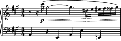 
{ \new PianoStaff <<
   \new Staff = "RH" \relative c''' { \clef treble \key a \major \time 3/4 
      r8 r16 cis16\p\<( gis2~ | gis4. dis16\> e eis fis fisis gis)\! |}  
    \new Staff = "LH" \relative c { \clef bass \key a \major  \time 3/4
      a4 r e | a e' e,! |} 
   >> }
