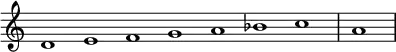 \relative c' {
\new Staff \with { \remove "Time_signature_engraver" }
{ \key a \minor \time 1/1 \cadenzaOn d1 e f g a bes c \bar "|" a \bar"|"}
}