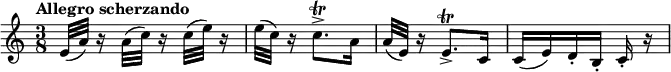 
\relative c' {
 \set Score.tempoHideNote = ##t \tempo "Allegro scherzando" 4.=50 \key a \minor \time 3/8
 e32( a) r16 a32( c) r16 c32( e) r16 e32( c) r16 c8.-> \trill a16
 a32( e) r16 e8.-> \trill c16 c[ ( e) d-. b-.] c-. r
}

