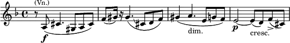  \relative c' { \key d \minor \time 4/4  \set Score.tempoHideNote = ##t \tempo "" 4 = 66
r8 a8\f(^\markup{\smaller \center-align (Vn.)} cis4. gis8( a cis) f( gis16) r16 gis4.(\glissando cis,8 d f) gis4( a4._"dim." e8[ g f]) e2\p ~ e8[_"cresc."( d) f->( cis])) 
} 