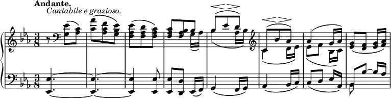 
\relative c' {
 \new PianoStaff <<
  \new Staff {
   \key es \major \time 3/8 \set Score.tempoHideNote = ##t \tempo "Andante." 4=33
   r8^\markup { \italic { Cantabile e grazioso. } } \clef bass <es g,>( <c aes>)
   <aes' c,>( <f c aes> <es bes g>) <es aes, f>( <d aes f> <c aes f>)
   <<
    {
     <c aes f> <bes aes f> bes bes^\< ( es^\> d\! ) \clef treble
     c^\< ( bes'^\> aes\! ) aes4( g16 aes)
    }
   \\
    { s4 g,16( aes) bes4( aes16 bes) c4( d16 es) es8( [ f] bes,16 c) }
   >>
   <g' es>8( [ <f d>] <g es>16 <aes f>)
  }
  \new Staff { \key es \major \time 3/8 \clef bass
   <es, es,>4.~ q~ q4 q8 q[ <d d,>] es,16( f) g4( f16 g) aes4( bes16 c)
   c8( [ d] es16 aes,) << { bes8[ bes'] ~  bes16 aes } \\ { bes,8 s s } >>
  }
 >>
}
