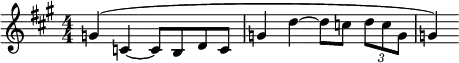 
 \relative c'' {
 \numericTimeSignature
 \time 4/4
 \key a \major
   g4( c,~ c8 b d c |
   g'4 d'4 ~ d8 c \tuplet 3/2 { d c g }
   g4)
 }
