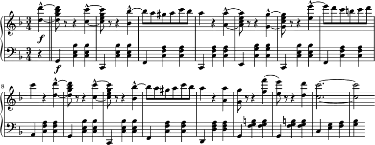 
 \relative c' {
  \new PianoStaff <<
   \new Staff { \key d \minor \time 3/4 \set Score.tempoHideNote = ##t \tempo 2.=52
    \tempo \markup {
     \column {
 }
   }
      \partial 4 <d' d'-^>~ \bar "||" <d g bes d>8 r r4 <c c'-^>~ <c e g c>8 r r4 <bes bes'-^>~ bes'8[ a gis a c bes] a4 r <a a,-^>~ <a a, c e>8 r r4 <g g,-^>~ <g g, c e>8 r r4 <e e'-^>~ e'8[ d c b c d] c4 r <d, d'-^>~ <d g bes d>8 r r4 <c c'-^>~ <c e g c>8 r r4 <bes bes'-^>~ bes'8[ a gis a c bes] a4 r <a a,> <g g,>8 r r4 <f f'>4( <e e'>8) r r4 <d d'> <c c'>2.~ <c c'>2
   }
   \new Dynamics {
    s\f
      }
   \new Staff { \key d \minor \time 3/4 \clef bass
      r4 g,,\f <c e bes'> <c e bes'> c, <c' e bes'> <c e bes'> f, <c' f a> <c f a> c, <c' f a> <c f a> e, <c' g' bes> <c g' bes> c, <c' e bes'> <c e bes'> f, <c' f a> <c f a> a <c f a> <c f a> g <c e bes'> <c e bes'> c, <c' e bes'> <c e bes'> f, <c' f a> <c f a> d, <d' f a> <d f a> g, <f' g b> <f g b> g, <f' g b> <f g b> c <e g> <f a> <g bes>
   }
  >>
 }
