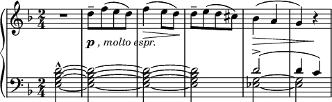 
 { \new PianoStaff <<
    \new Staff = "RH" \relative c'' { \clef treble \key d \minor  \time 2/4
        R2 | d8-\markup { \dynamic p \italic { , molto espr.}}--[ f( e d) ]
        f4\>( e8 d8)\! |
        d8--[ e( d cis) ] | bes4\>( a | g) r\!  | }
    \new Staff = "LH" \relative c' { \clef bass \key d \minor  \time 2/4 
        <d~ bes~ g~ e~>2^^ | <d~ bes~ g~ e~>2 | <d~ bes~ g~ e~>2 | <d bes g e>2 | 
         << 
         { \voiceOne | 
            d2->( | d4 c4) |}
           \new Voice { 
             <g ees>2~ | <g ees> |}
            >>
       }
   >> }
