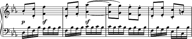 
 \relative c' {
  \new PianoStaff <<
   \new Staff \with { \remove "Time_signature_engraver" } { \key es \major \time 2/4
    \set tieWaitForNote = ##t
    bes'8-. <d d,>-. <f f,>4 <d d,>8-. <f f,>-. <aes~ aes,~>4(
    <aes aes,>8 <g g,>) <f f,>-. <es es,>-. <d d,>-. <es es,>-. <c c,>-. a-.
   }
   \new Dynamics {
    s4\p s\sf s s\sf
   }
   \new Staff \with { \remove "Time_signature_engraver" } { \key es \major \time 2/4 \clef bass
    d,,16 bes' f bes aes bes aes bes f bes aes bes c bes c bes
    c bes c bes aes bes g bes f bes g bes es, bes' c, bes'
   }
  >>
 }
