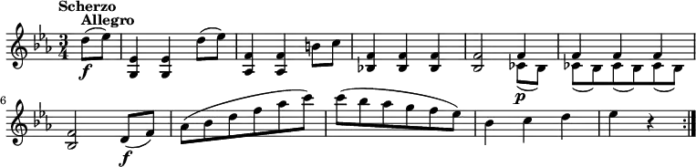\version "2.18.2"
\relative c'' {\set Staff.midiInstrument = #"violin"
\key es \major
\time 3/4
\tempo "Scherzo"
\tempo 4 = 152
\partial 4 d8^\markup\bold{Allegro} \f (es)
<g,, es'>4 <g es'> d''8 (es)
<aes,, f'>4 <aes f'> b'8 c
<bes,! f'>4 <bes f'> <bes f'>
<bes f'>2
<<
\new Voice = "first"
\relative { \voiceOne f'4\p f f f}
\new Voice= "second"
\relative { \voiceTwo ces'8 (bes) ces8 (bes) ces8 (bes) ces8 (bes)}
>>\break
<bes f'>2 d8\f (f)
aes (bes d f aes c)
c (bes aes g f es)
bes4 c d
es r \bar ":|."
}