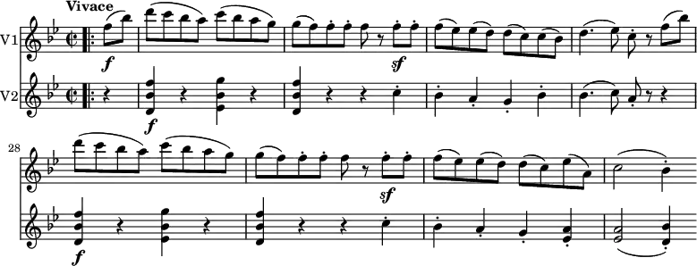 \version "2.18.2"
<<
\new Staff \with { instrumentName = #"V1"}
\relative c'' {
\key bes \major
\time 2/2
\tempo "Vivace"
\tempo 4 = 220
\set Score.currentBarNumber = #24
\bar ".|:"
\partial 4 f8 \f (bes) d (c bes a) c (bes a g)
g (f) f-. f-. f r f-.\sf f-.
f (ees) ees (d) d (c) c (bes)
d4. (ees8) c-. r f (bes) d (c bes a) c (bes a g)
g (f) f-. f-. f r f-.\sf f-.
f (ees) ees (d) d (c) ees (a,)
c2 (bes4-.)
}
\new Staff \with { instrumentName = #"V2"}
\relative c' {
\key bes \major
\time 2/2
\bar ".|:"
\partial 4 r4
<d bes' f'>4\f r <ees bes' g'> r
<d bes' f'> r r c'-.
bes-. a-. g-. bes-.
bes4. (c8) a-. r r4
<d, bes' f'>4\f r <ees bes' g'> r
<d bes' f'> r r c'-.
bes-. a-. g-. <ees a>-.
<ees a>2 (<d bes'>4-.)
}
>>