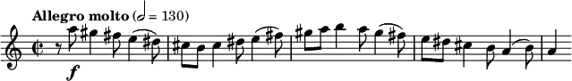 { \tempo "Allegro molto" 2=130 \time 2/2 \relative c'''
{r8 a\f gis4 fis8 e4(dis8)
cis b cis4 dis8 e4(fis8)
gis a b4 a8 gis4(fis8)
e dis cis4 b8 a4(b8)
a4}
}