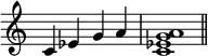 {\omit Staff.TimeSignature \time 4/4 c'4ees'g'a' \time 4/4 <c'ees'g'a'>1 \bar "||"}