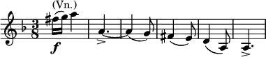 \relative d'' { \key d \minor \time 3/8 fis16^\markup { (Vn.)} \f( g) a4 | a,4.->\>~ | a4( g8) | fis4( e8) | d4( a8) | a4.-> }
