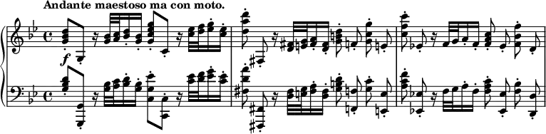
\relative c'' {
  \new PianoStaff <<
   \new Staff { \key g \minor \time 4/4 \set Score.tempoHideNote = ##t \tempo "Andante maestoso ma con moto." 4=76
    <d bes g>8-. g,,-. r16 <bes' g>32 <c a> <d bes>16-. <bes g>-. <g' es c g>8-. c,,-. r16 <es' c>32 <f d> <g es>16-. <es c>-.
    \autoBeamOff <d' a d,>8-. fis,,,-. r16 <fis' d>32[ <g e> <a fis>16-. <fis d>-.] <d' b g>8-. f,-. <g' c, g>-. e,!-.
    <c'' f, c>-. es,,!-. r16 f32[ g a16-. f-.] <c' a f>8-. es,-. <f' bes, f>-. d,-.
   }
   \new Dynamics {
    s8-\f 
   }
   \new Staff { \key g \minor \time 4/4 \clef bass
    <d bes g>-. <g,, g,>-. r16 <bes' g>32 <c a> <d bes>16-. <bes g>-. <es g, c,>8-. <c, c,>-. r16 <es' c>32 <f d> <g es>16-. <es c>-.
    \autoBeamOff <a d, fis,>8-. <fis,, fis,>-. r16 <fis' d>32[ <g e> <a fis>16-. <fis d>-.] <d' b g>8-. <f, f,>-. <c' g>-. <e, e,>-.
    <f' c a>-. <es,! es,!>-. r16 f32[ g a16-. f-.] <c' a f>8-. <es, es,>-. <bes' f>-. <d, d,>-.
   }
  >>
 }
