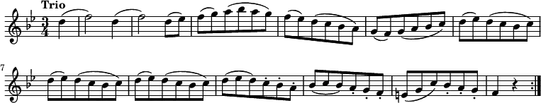 \version "2.18.2"
\relative c'' {
\key bes \major
\time 3/4
\tempo "Trio "
\tempo 4 = 144
\partial 4 d4
(f2) d4
(f2) d8 (es)
f (g) a (bes a g)
f (es) d (c bes a)
g (f) g (a bes c)
d (es) d (c bes c)
d (es) d (c bes c)
d (es) d (c bes c)
d (es d) c-. bes-. a-.
bes (c bes) a-. g-. f-.
e (g c) bes-. a-. g-.
f4 r \bar ":|."
}