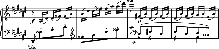 
 \relative c' {
  \new PianoStaff <<
   \new Staff \with { \remove "Time_signature_engraver" } { \key fis \major \time 2/4
    r8\f ais16([ dis]) dis([ fisis]) fisis([ ais]) ais([ dis]) dis([ fisis]) fisis([ ais]) ais([ dis])
    fisis8 fis,,!16\p([ ais]) dis,([ ais']) fis([ ais]) dis,([ ais']) fis([ ais]) gis([ ais]) eis([ ais])
   }
   \new Staff \with { \remove "Time_signature_engraver" } { \key fis \major \time 2/4 \clef bass
    <<
     {
      dis,,,8\sustainOn \stemDown fisis'-.[ ais-. dis-.] \clef treble fisis-.[ ais-. dis-. fisis-.]
      << ais { s16 s16\sustainOff } >> \clef bass \stemUp dis,,,8([ fis! dis] fis[ dis eis cisis])
     }
    \\
     { s2 s2 s8 g\rest r4 r ais }
    >>
   }
  >>
 }
