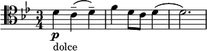 \relative c' { \clef tenor \key g \minor \time 3/4 d4\p-"dolce" c--( d--) f d8 c d4( d2.) }
