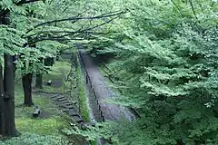 真田傍陽線の跡。現在は上田城跡公園ケヤキ並木遊歩道として利用