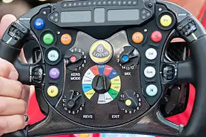 ロータス・E20のステアリングホイール(2012年)様々なボタンやダイヤルがあることが見て取れる。これらは全体を制御するコンピュータに繋がっている。またピットからの無線による指示に対して声で応答する余裕がない場合に信号で応えるためのもの。