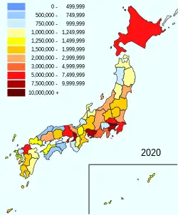 2020年(令和2年)時点の都道府県別人口を表した図。