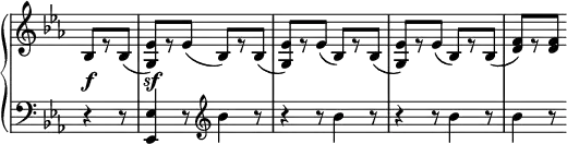 
 \relative c' {
  \new PianoStaff <<
   \new Staff \with { \remove "Time_signature_engraver" } { \key es \major \time 6/8 \partial 4.
    bes8[ es\rest bes]( <es g,>)[ es\rest es]( bes)[ es\rest bes]( <es g,>)[ es\rest es]( bes)[ es\rest bes](
    <es g,>)[ es\rest es]( bes)[ es\rest bes]( <f' d>)[ es\rest <f d>]
   }
   \new Dynamics {
    s4.\f s4.\sf
   }
   \new Staff \with { \remove "Time_signature_engraver" } { \key es \major \time 3/4 \clef bass
    r4 r8 <es, es,>4 r8 \clef treble bes''4 r8 r4 r8 bes4 r8 r4 r8 bes4 r8 bes4 r8
   }
  >>
 }
