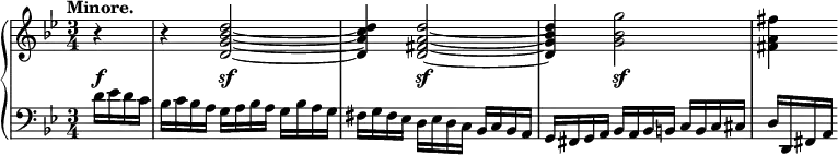 \relative c' {
\new PianoStaff <<
\new Staff { \key bes \major \time 3/4 \tempo "Minore." \partial 4
\override Score.NonMusicalPaperColumn #'line-break-permission = ##f
<<
{ b'4\rest b\rest <d bes g d>2 <d c a d,>4 <d a fis d>2 <d bes g d>4 \stemDown <g bes, g>2 <fis a, fis>4 }
\\
{ s4 s \stemUp \hideNotes <d~ bes~ g~ d~>2 <d bes g d>4 <d~ a~ fis~ d~>2 <d a fis d>4 }
>>
}
\new Dynamics {
s4\f s s\sf s s s\sf s s s\sf
}
\new Staff { \key bes \major \time 3/4 \partial 4 \clef bass
d,16 es d c bes c bes a g a bes a g bes a g fis g fis es d es d c bes c bes a
g fis g a bes a bes b c b c cis d d, fis a
}
>>
}