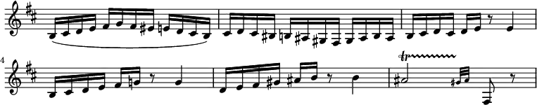 
 \relative c' \new Staff \with { \remove "Time_signature_engraver" } { \key d \major \time 3/4
  #(define afterGraceFraction (cons 1 2))
  b16( cis d e fis g fis eis e d cis b) cis d cis bis b ais gis fis gis ais b ais b cis d cis d e r8 e4
  b16 cis d e fis g! r8 g4 d16 e fis gis ais b r8 b4 \afterGrace ais2\startTrillSpan { s1 gis32\stopTrillSpan[ ais] } fis,8 r
 }
