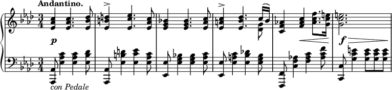 \relative c' {
\new PianoStaff <<
\new Staff { \key aes \major \time 3/4 \tempo "Andantino."
<<
{
<c' aes es>4 <c aes es>4. <des bes es,>8 <d b es,>4-> <es c es,>4. <c aes es>8
<bes! g es>4 <bes g es>4. <c aes es>8 <c a es>4-> <des bes es,>4. c16( bes)
<aes! f c>4 <c aes f> \stemDown <f c aes>8. <e c g>16 <e c g>2.
}
\\
{ s2. s s s4 s4. <g, des>8 }
>>
}
\new Dynamics {
\override TextScript #'whiteout = ##t
s4\p s2 s2. s s s4 s4\< s4 s8\f \> s4. s8 s8\!
}
\new Staff { \key aes \major \time 3/4 \clef bass
<aes,, aes,>8_\markup { \italic { con Pedale } } <c' aes es>4 <c aes es> <des bes es,>8 <aes, aes,>8 <d' b es,>4 <es c es,> <c aes es>8
<es, es,>8 <bes'! g es>4 <bes g es> <c aes es>8 <es, es,>8 <c' a es>4 <des! bes es,> <bes g es>8 <f, f,>8 <aes'! f c>4 <c aes f> <f c aes>8
<c, c,>8 <e'! c g>4 <e c g>8 <e c g> <e c g>
}
>>
}