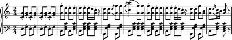
 \relative b' {
  \new PianoStaff <<
   \new Staff { \key a \minor \time 2/4
    \tempo \markup { 
     \column {
   }
    }
     <g c,>8-. <g e>-. <g c,>-. <g e>-. <g c,>-. <g e>-. <g c,>-. <g e>-. \bar "||" <g g'>-. <g e'>-. <g e'>-. <g e'>-. <g e'>-. <g e'>-. <g e'>16-. d'-. <g, c>-. r16 <g d'>8 <g d'> \slashedGrace d'( <g, g'>) <g g'> \slashedGrace g'( <c, c'>4)( <g g'>8) <g g'> <g g'>-. <g e'>-. <g e'>-. <g e'>-. <g e'>-. <g e'>-. <g e'>16-. d'-. <g, c>-. r16 <g d'>8 <g d'> <g g'> <g b> <g d'> \slashedGrace d'( <g, c>16) b <g c>8 r
   }
   \new Staff { \key a \minor \time 2/4 \clef bass
    e,8-. g-. e-. g-. e-. g-. e-. g-. c, <e g c> c <e g c> c <e g c> <e g c> <e g c> g,8 <f' g b> g, <f' g b> c <e g c> <e g c> <e g c> c <e g c> c <e g c> c <e g c> <e g c> <e g c> g,8 <f' g b> g, <f' g b> c <e g c> <c e g c> r
   }
  >>
 }
