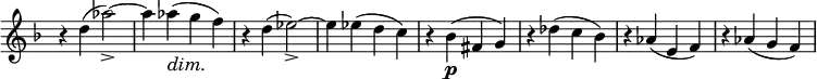 
\relative c'' \new Staff \with { \remove "Time_signature_engraver" } { \key d \minor \time 2/2 \set Score.tempoHideNote = ##t \tempo "" 2=138
 r4 d( aes'2_> )~ aes4 aes\dim ( g\! f) r d( es2_> )~ es4 es( d c)
 r bes\p ( fis g) r des'( c bes) r aes( e f) r aes( g f)
}
