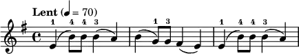 \relative c' { \time 4/4 \clef treble \key e \minor \tempo "Lent" 4 = 70
e4-1( b'8-4) b-4 b4-3( a) | b4( g8-1) g-3 fis4( e) | e4-1( b'8-4) b-4 b4-3( a)
}