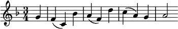 { \key f \major \time 3/4 \partial 4  g' f'( c') bes' a'( f') d'' c''( a') g' a'2 }