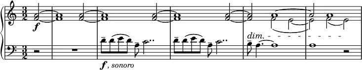 { \new PianoStaff <<
\new Staff = "RH" \relative c'' { \clef treble \key a \minor \time 3/2
\partial 2 <a f>2~\f | <a f>1 <a f>2~ | <a f>1 <a f>2~ | <a f>1 <a f>2~ |
<a f>2 << { \voiceOne a1~ | a2 a1 }
\new Voice { \voiceTwo f2( e~ | e2) f( e) } >> | }
\new Staff = "LH" \relative c' { \clef bass \key a \minor \time 3/2
\partial 2 r2 | R1. |
d8-\markup { \dynamic f \italic {, sonoro}}-- d( e d) a-- c2.. |
d8-- d( e d) a-- c2.. | b8^\dim-- a4.~a1 |a1 r2\! | }
>> }