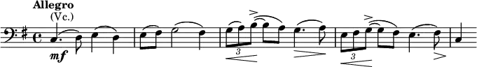 \relative e { \clef bass \key e \minor \time 4/4 \tempo "Allegro" c4.^\markup { (Vc.)}_\markup { \dynamic mf }( d8) e4( d) | e8( fis) g2( fis4) | \times 2/3 { g8\<( a) b~->\!(} b a) g4.(\> a8)\! | \times 2/3 { e\< fis g~->\!(} g fis) e4.( fis8)\> | c4\!) }