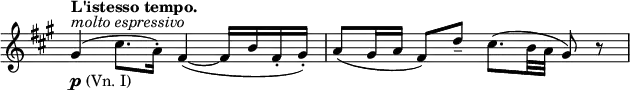 \relative c' \new Staff \with { \remove "Time_signature_engraver" } {
\key fis \minor \time 4/4 \tempo "L'istesso tempo."
gis'4_\markup { \dynamic p (Vn. I) } ^\markup \italic { molto espressivo }
( cis8. a16-.) fis4~( fis16 b fis-. gis-.)
a8( gis16 a fis8) d'-- cis8.( b32 a gis8) r
}