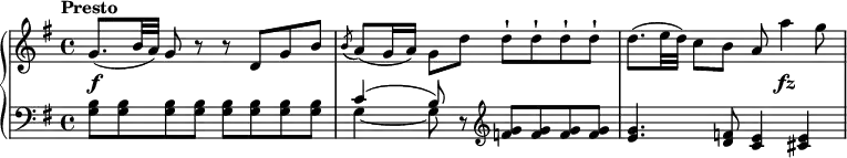 \relative c' {
\new PianoStaff <<
\new Staff { \key g \major \time 4/4 \tempo "Presto"
{
g'8. (b32 a) g8 r r d g b \slashedGrace b8 (a) (g16 a) g8 d' d-! d-! d-! d-! d8. (e32 d) c8 b a a'4 g8
}
}
\new Dynamics {
s1\f s1. s8 s4.\fz
}
\new Staff { \key g \major \time 4/4 \clef bass
<b,, g>8 <b g> <b g> <b g> <b g> <b g> <b g> <b g> <<
{c4 (b8)}
\\
{g4~ g8} >>
r \clef treble <g' f> <g f> <g f> <g f> <g e>4. <f d>8 <e c>4 <e cis>
}
>>
}